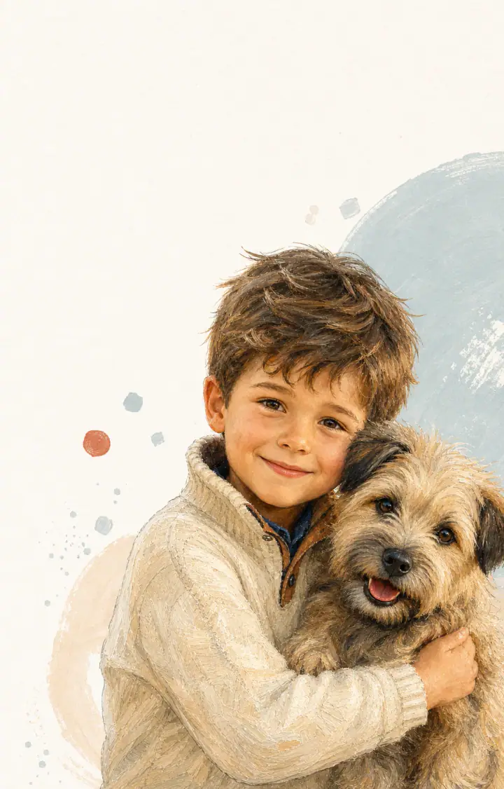 男孩拥抱爱犬的 2026 陪伴纪念插画卡