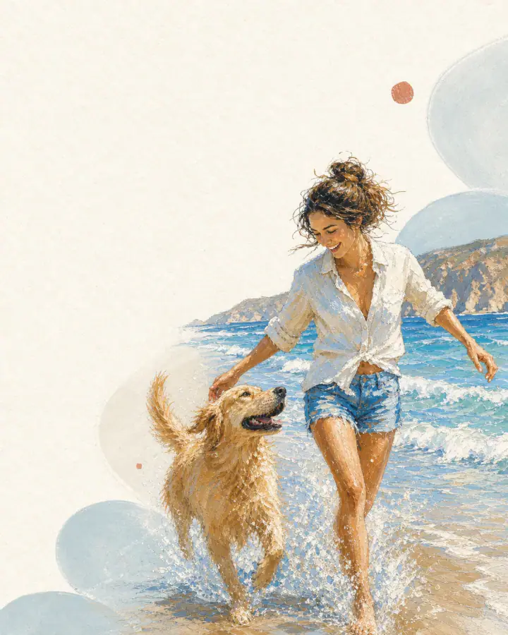 女孩和爱犬在海边奔跑的 2026 盛夏纪念插画卡